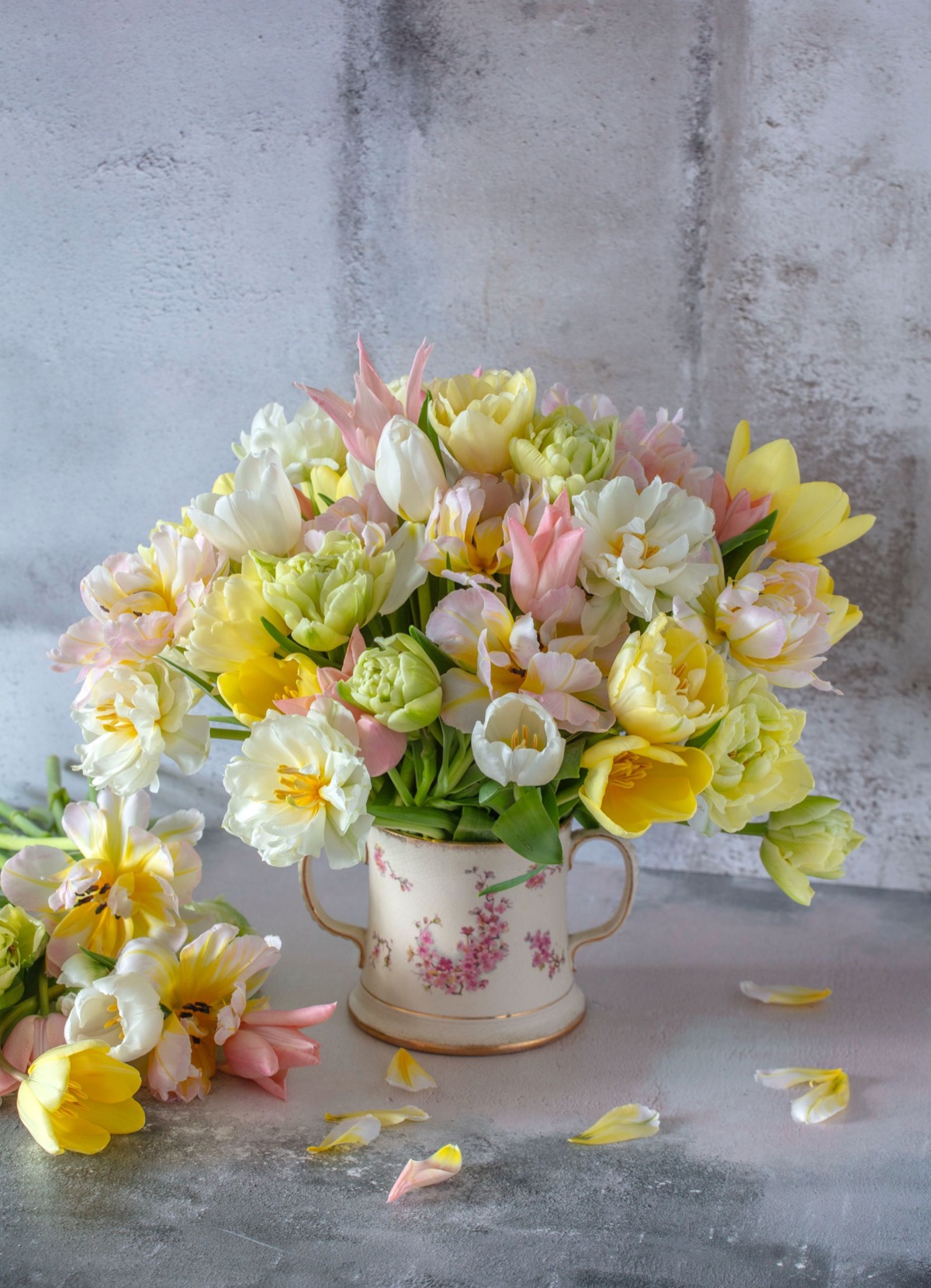 A pastel bouquet of tulips and narcissi in a white jug against a grey wall