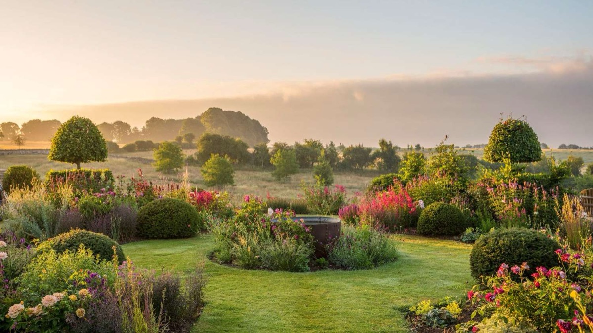 A Cotswold garden of clipped domes and flowering borders at dawn, mist over the fields beyond